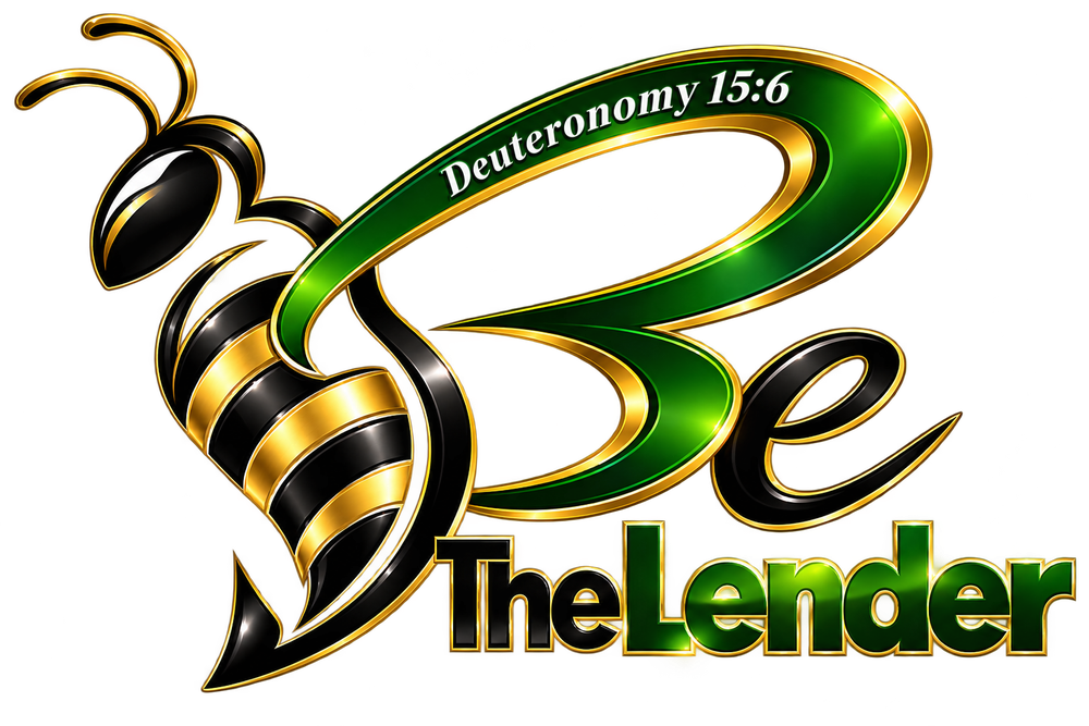 Be The Lender logo: a gold and black bee forming the letter B, with Deuteronomy 15:6